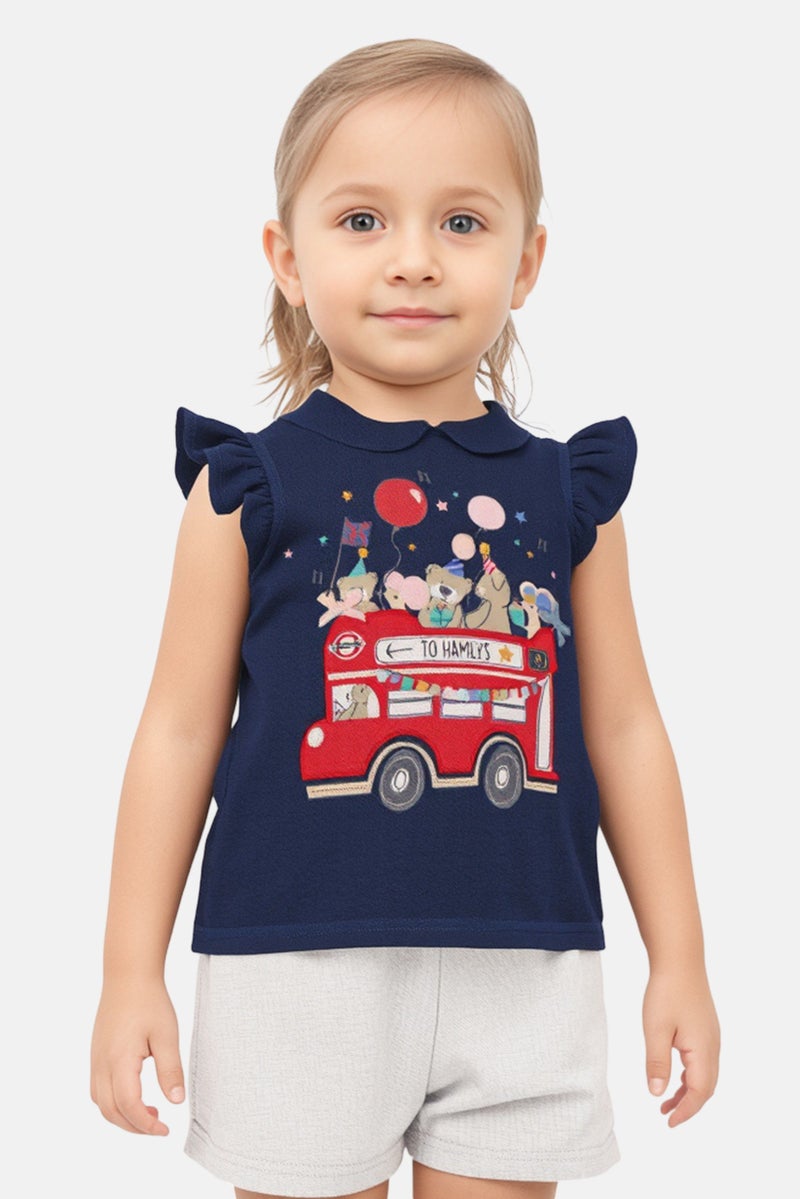 Hamleys Toddlers Girl Spread Collar Graphic Print Top, Navy - Image 1